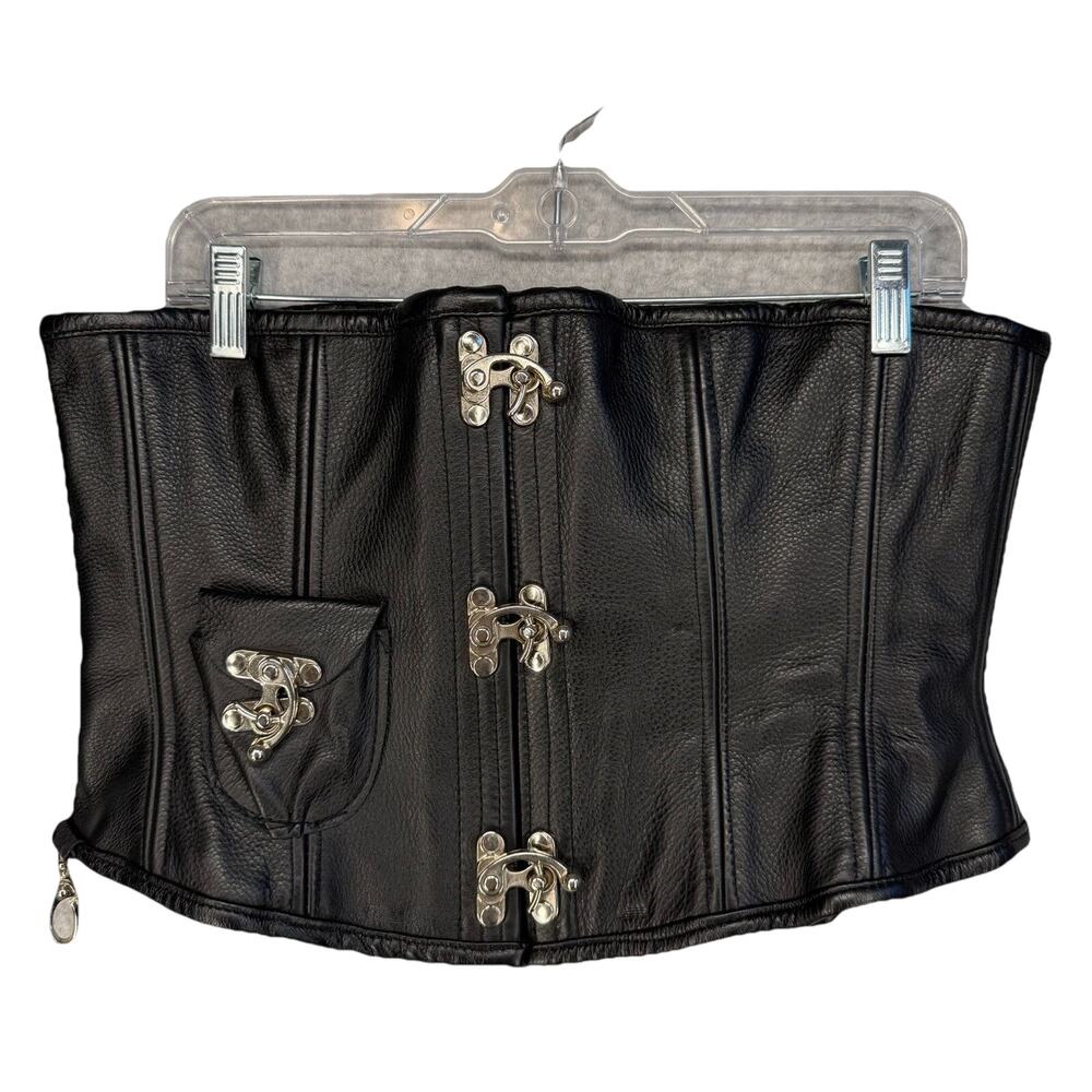 Leather Corset Womens 12 L Black Underbust Steampunk Heavy Steel Boned